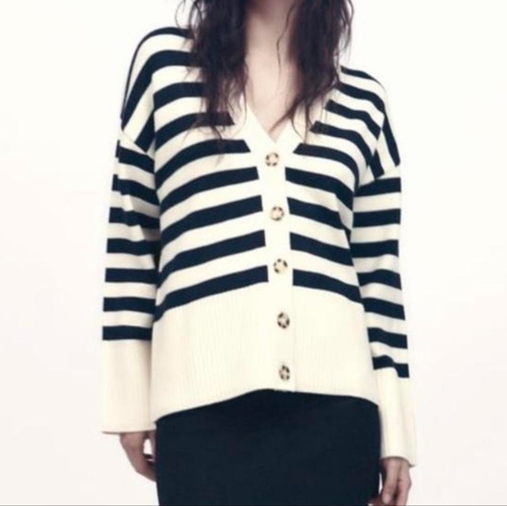 Zara Oversized Cream and Black Striped Cardigan Sz M